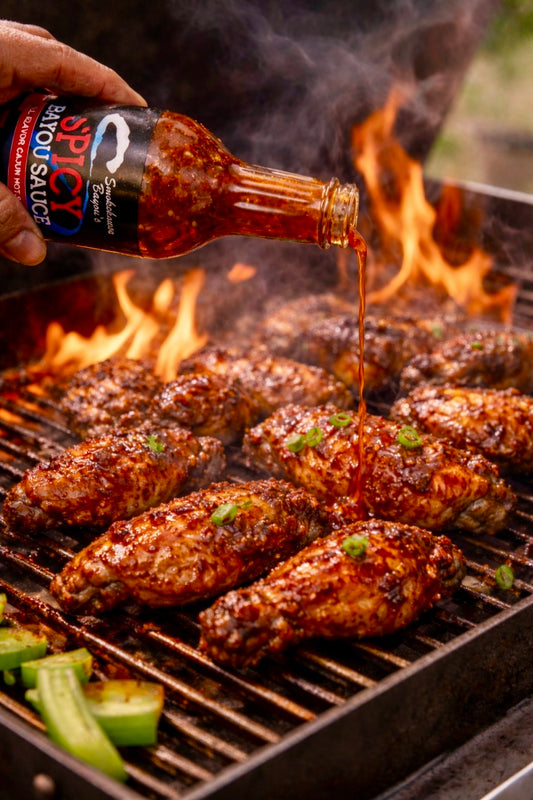 Person pouring spicy sauce over grilled chicken on a flaming grill