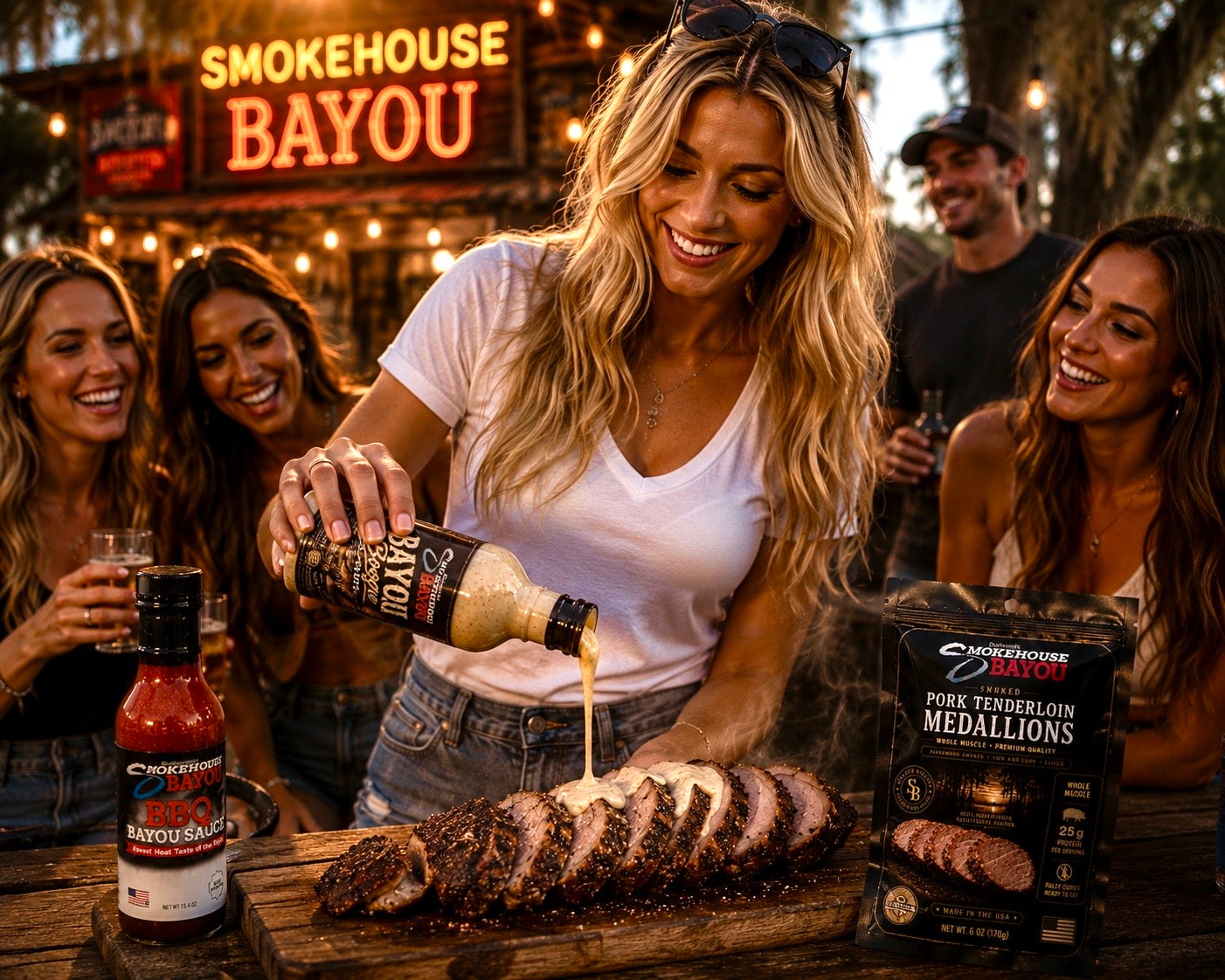Friends enjoying Smokehouse Bayou Smoked Pork Tenderloin Medallions topped with Bayou Boogie Sauce alongside award-winning Bayou BBQ Sauce at a backyard gathering with authentic Southern flavor.