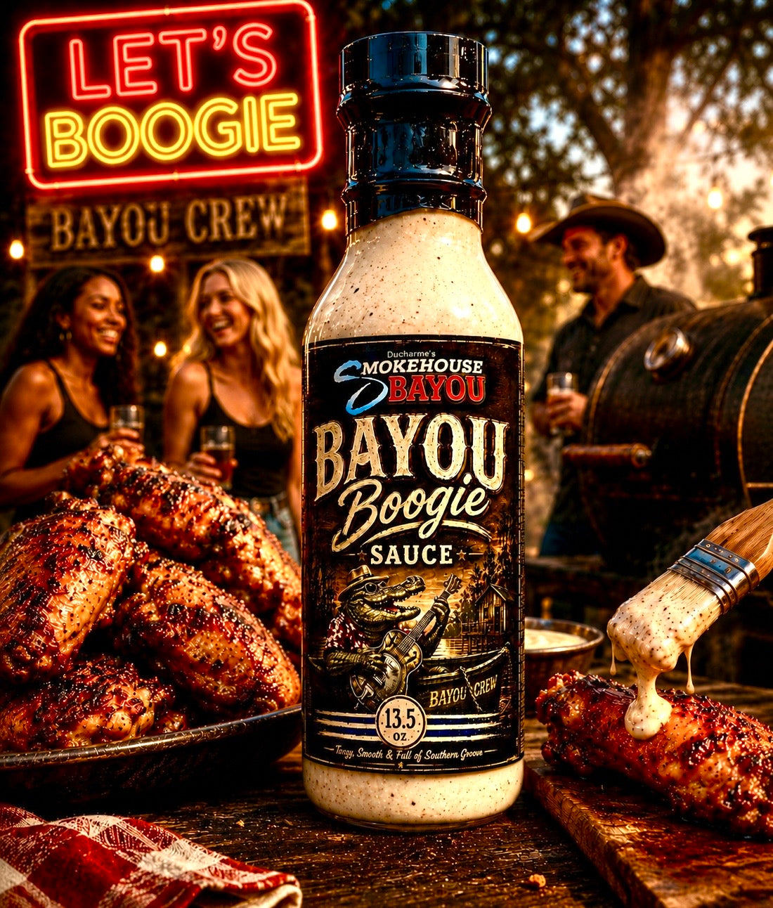Bayou Boogie Sauce bottle with people and grilled chicken in a casual setting