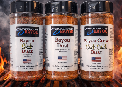 Promotional image showing Smokehouse Bayou seasoning bundle with Bayou Steak Dust, Bayou Dust, and Bayou Crew Chick Chick Dust. Bundle price $29.99.