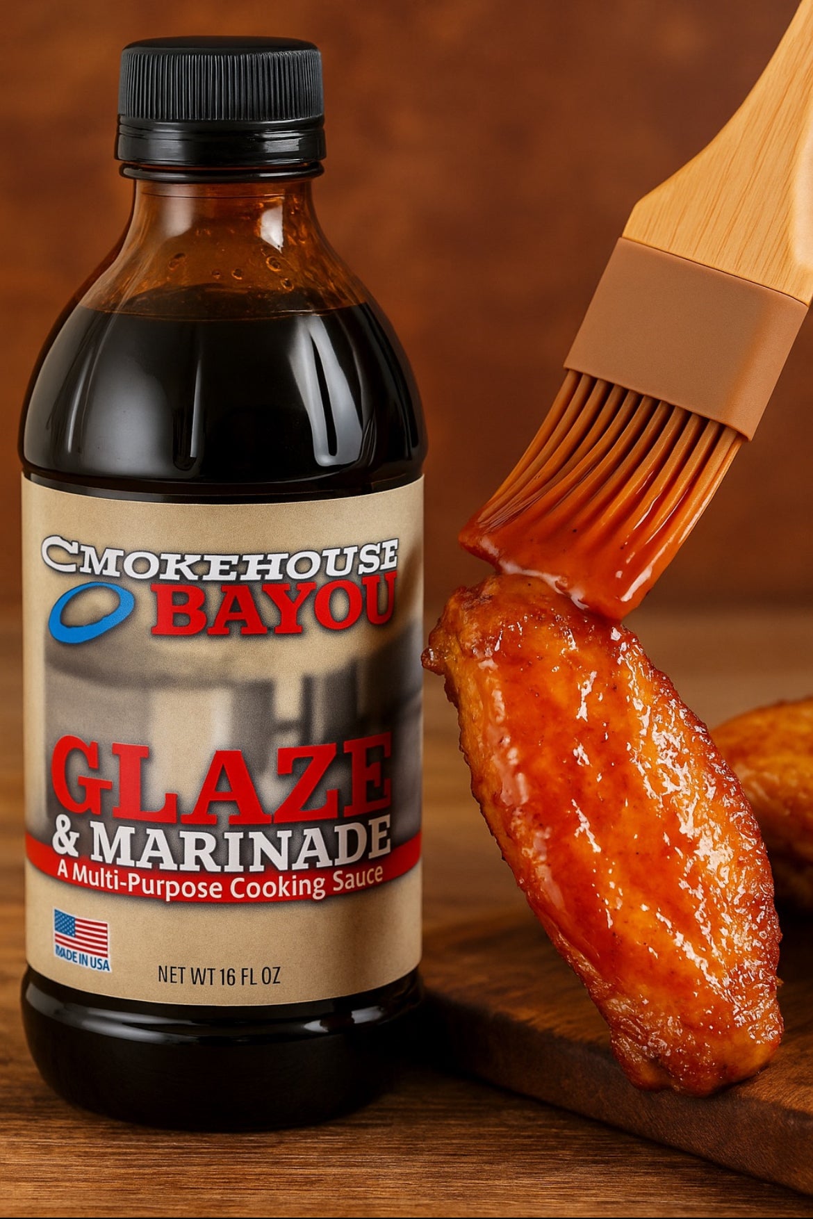 Smokehouse Bayou Glaze & Marinade bottle with a wooden brush and glazed food on a wooden surface.