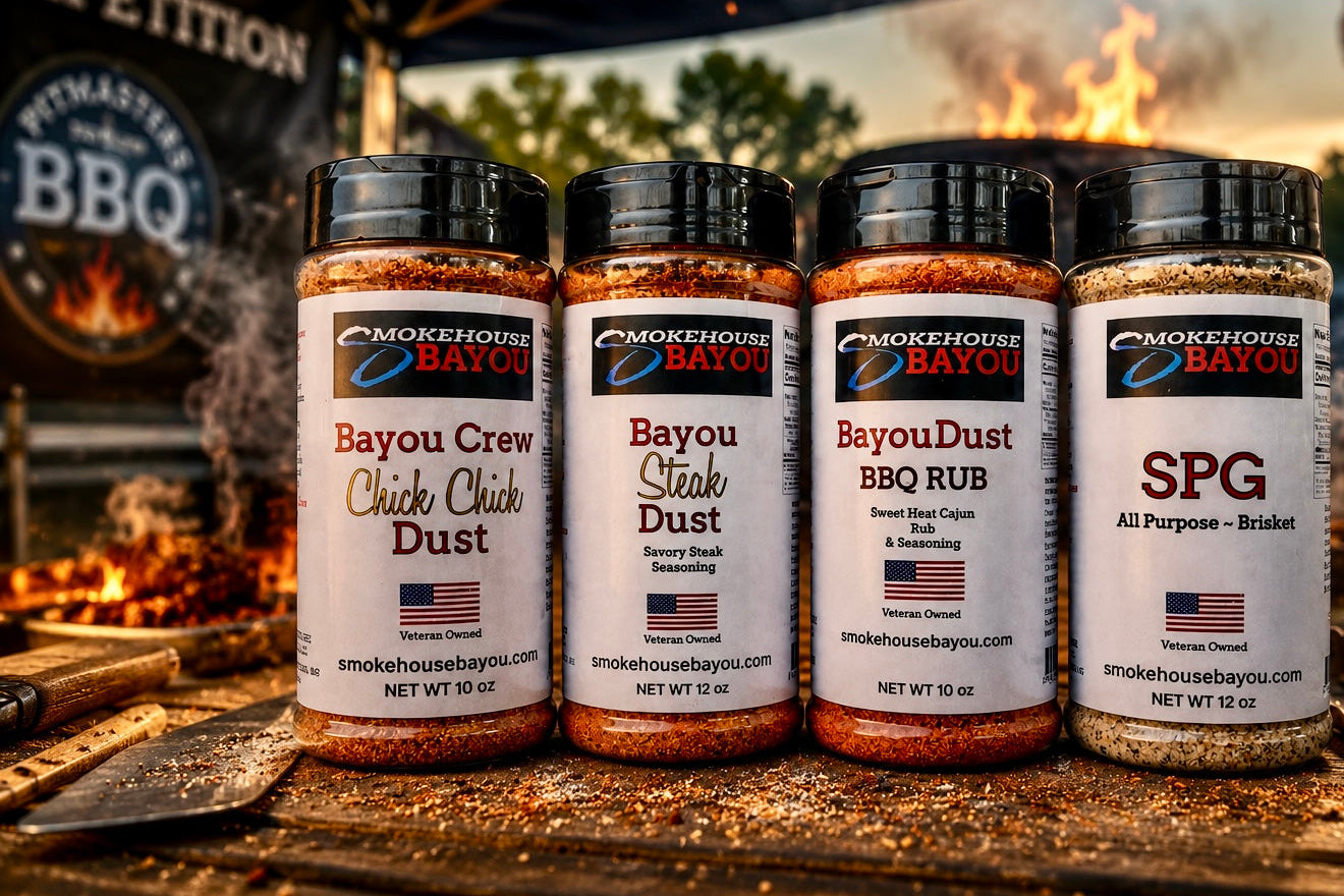 Four jars of Smokehouse Bayou seasoning on a grill with flames and an American flag in the background.