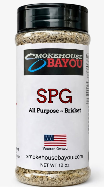 Spice jar labeled 'Smokehouse Bayou' with 'SPG All Purpose Brisket' on a white background