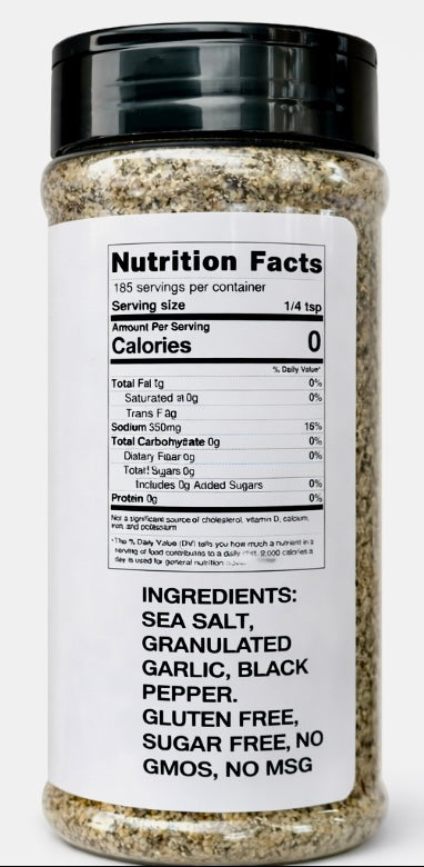 Container of seasoning with a nutrition facts label on a white background