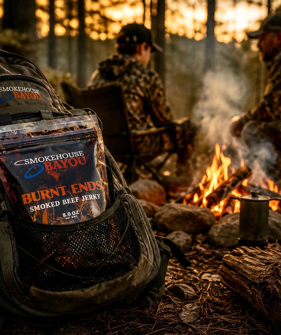 Bag of Smokehouse Bayou Burnt Ends Smoked Beef Jerky with people around a campfire in the background