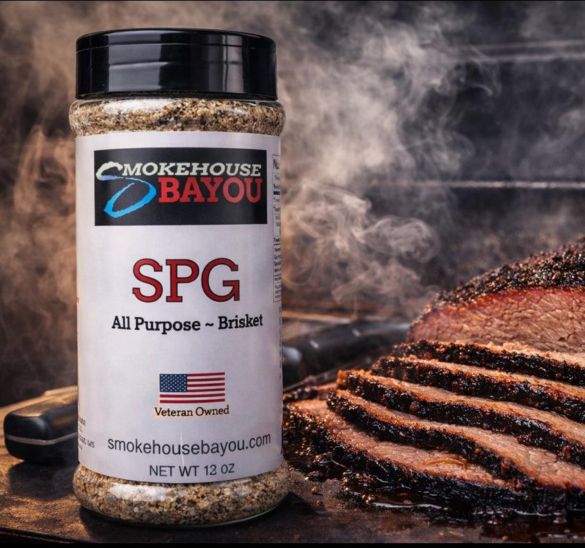 Jar of Smokehouse Bayou SPG seasoning with sliced brisket in the background