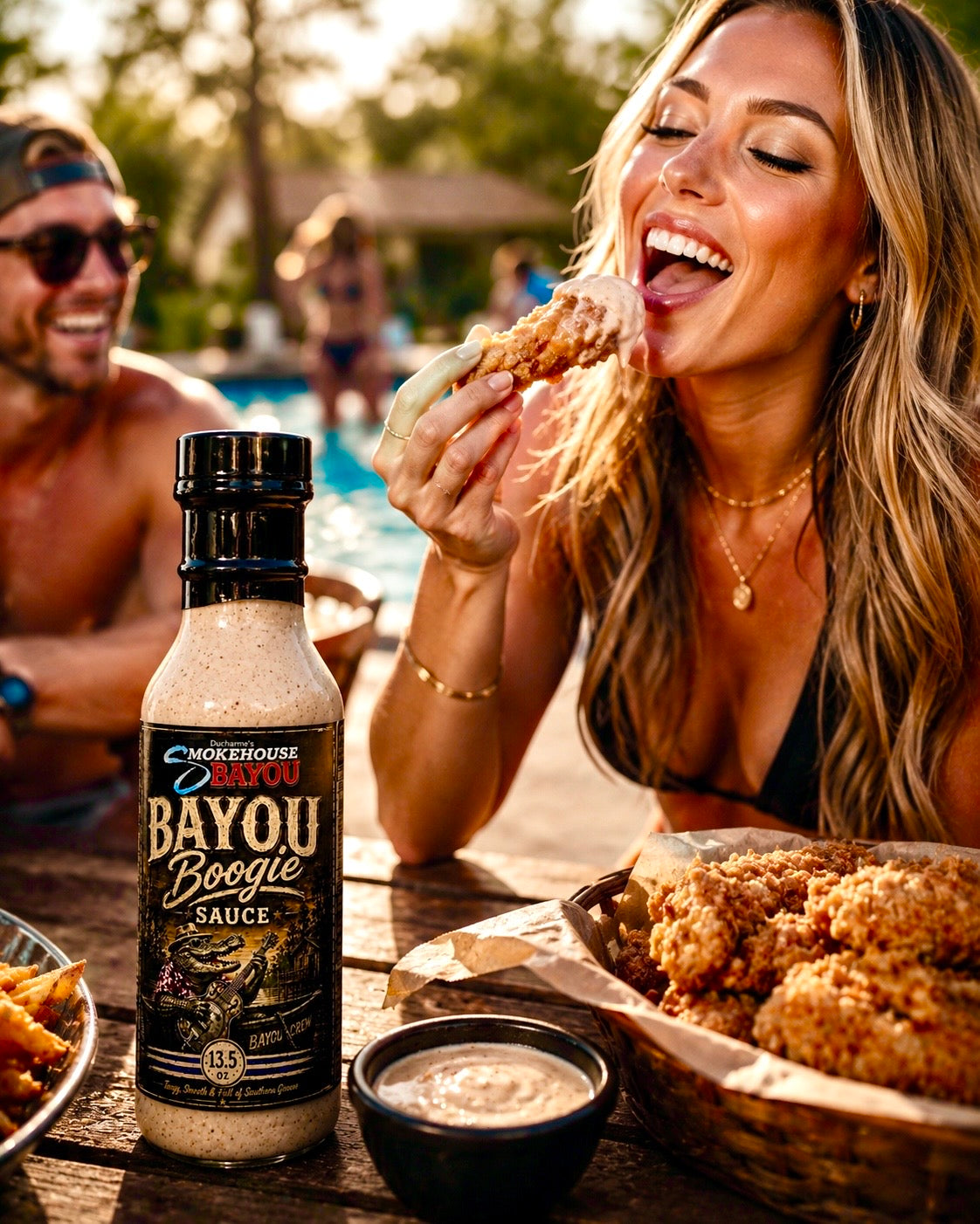 Woman enjoying fried chicken with Bayou Boogie sauce at a poolside gathering