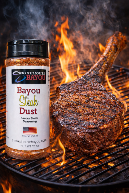 Bayou Steak Dust seasoning container on a grill with a steak