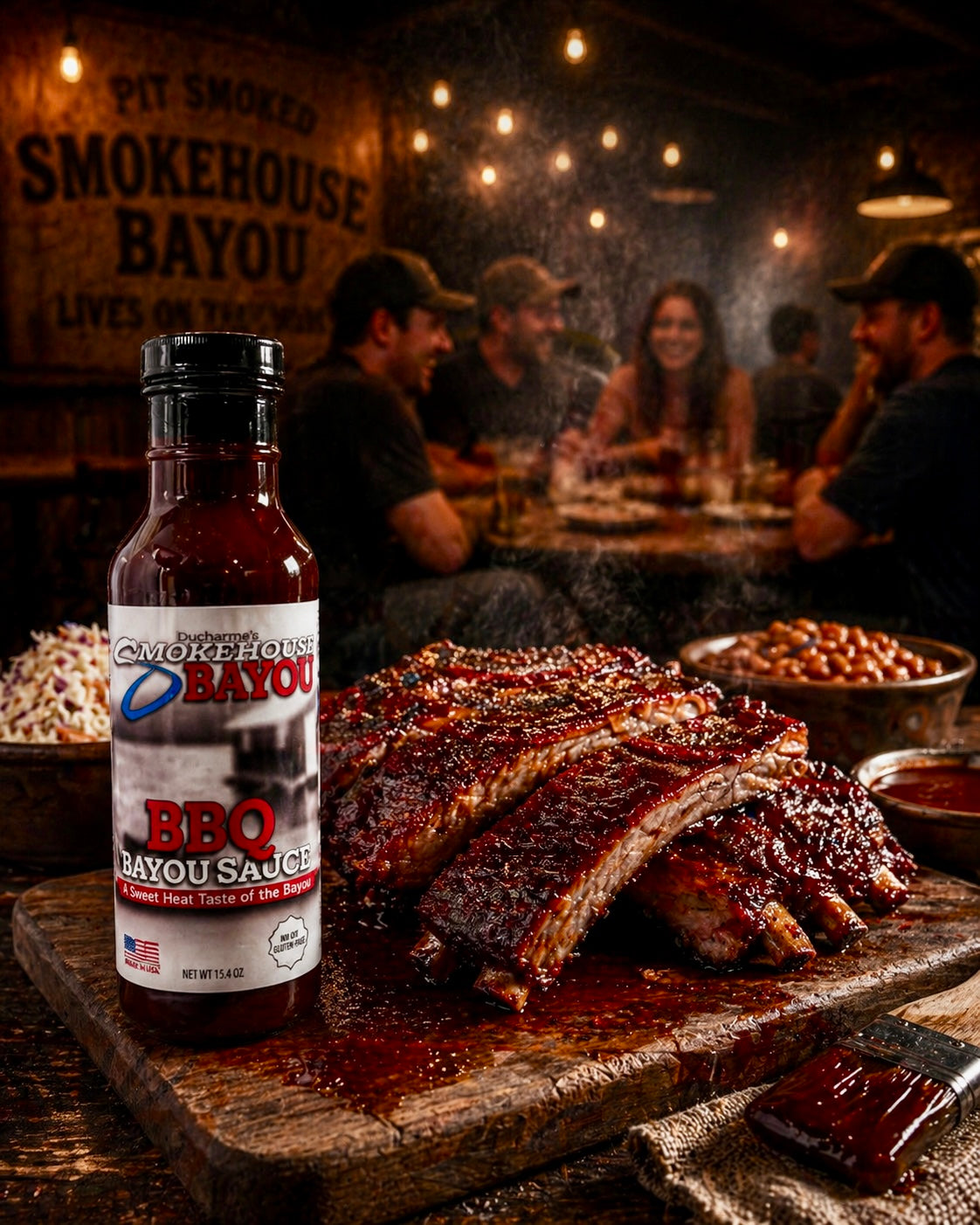 Bottle of Smokehouse Bayou BBQ sauce on a table besides some BBQ Ribs.  Friends sitting in the background.