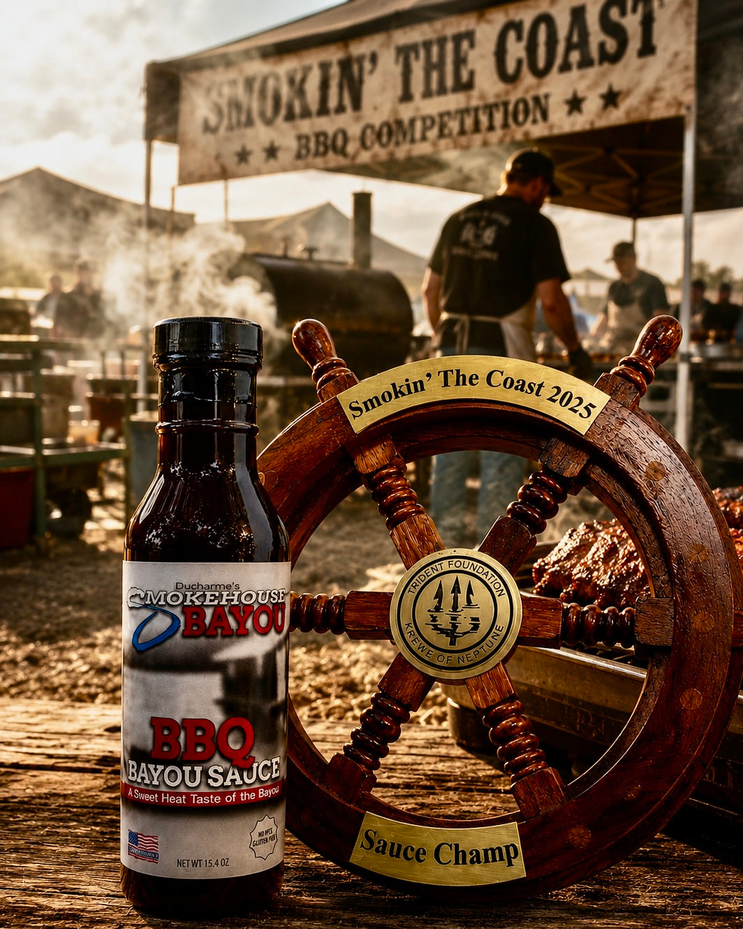 Smokehouse Bayou BBQ sauce bottle with a wooden wheel trophy and 'Smokin' The Coast' sign in the background