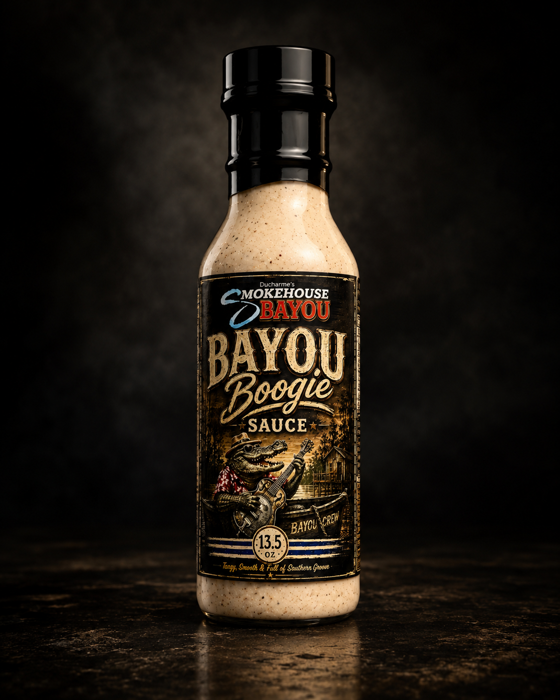 Bottle of Bayou Boogie sauce with a dark background
