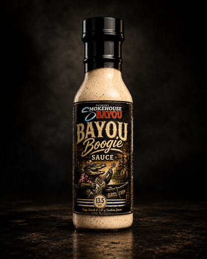 Bottle of Bayou Boogie sauce with a dark background