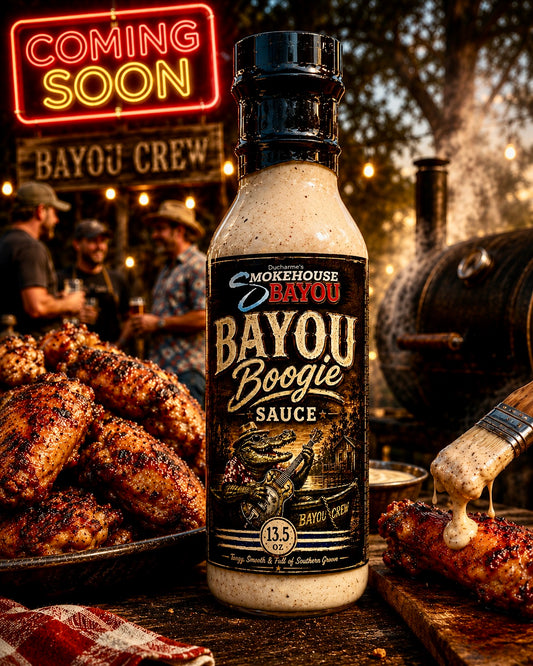 Bottle of Bayou Boogie Sauce with smoked chicken and 'Coming Soon' sign in the background