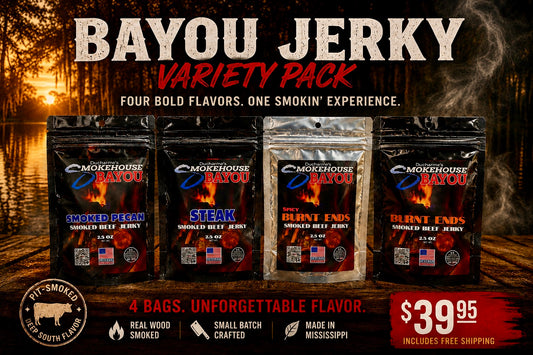 Bayou Jerky variety pack with packaging and branding on a scenic background.
