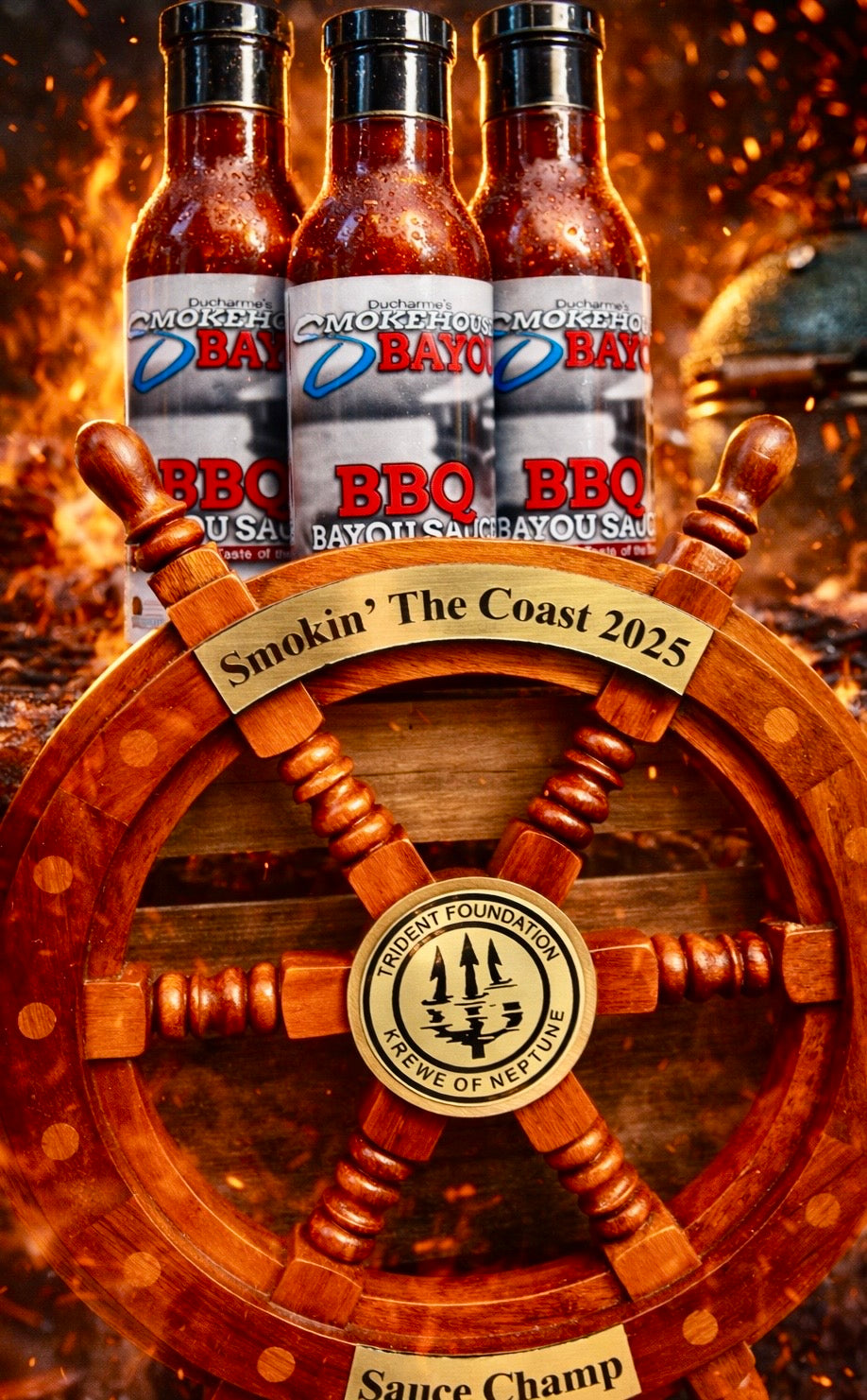 Three bottles of Smokehouse Bayou BBQ sauce on a wooden wheel with 'Smokin' the Coast 2025' branding.