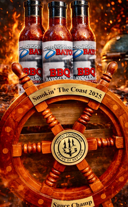 Three bottles of Smokehouse Bayou BBQ sauce on a wooden wheel with 'Smokin' the Coast 2025' branding.
