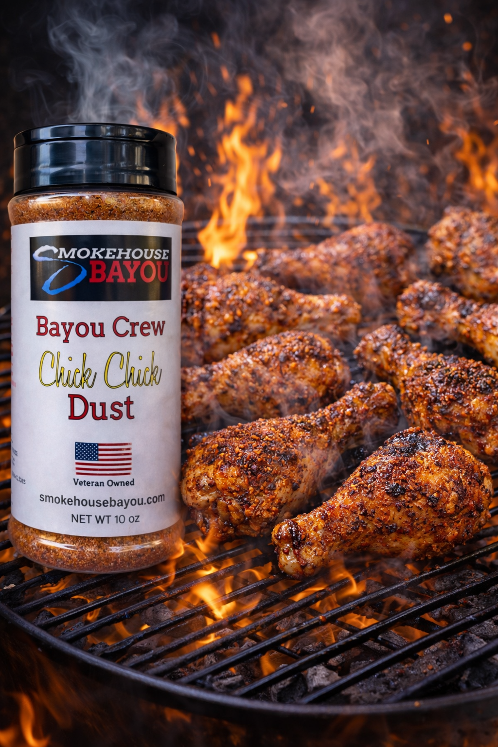 Jar of Smokehouse Bayou Chick Chick seasoning on a grill with chicken wings