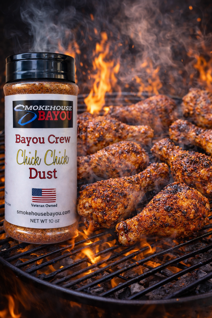 Jar of Smokehouse Bayou Chick Chick seasoning on a grill with chicken wings