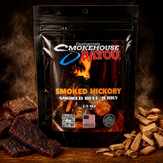 Smokehouse Bayou Smoked Hickory beef jerky package with jerky pieces and hickory wood chips on rustic wood