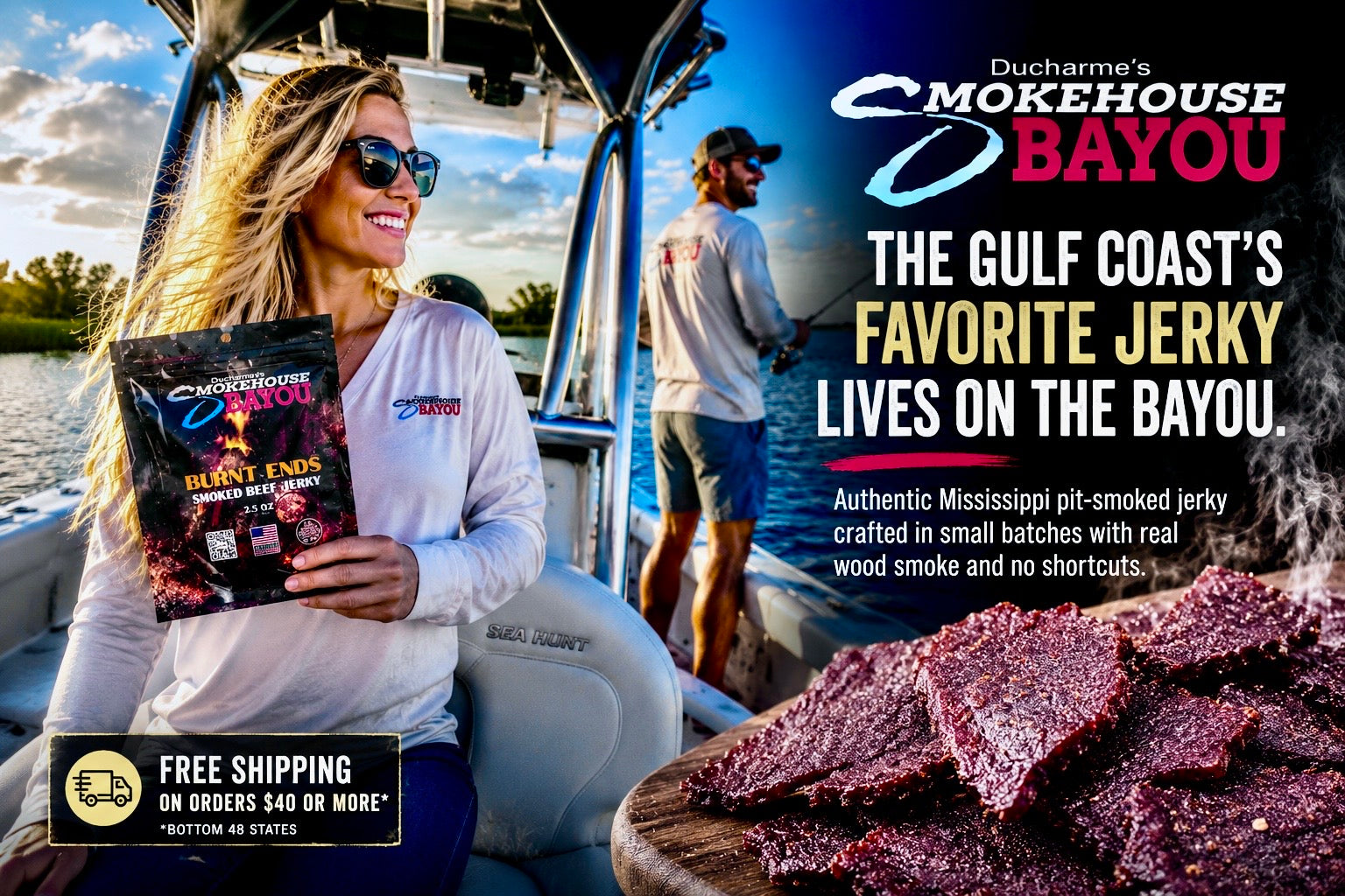 Advertisement for Smokehouse Bayou jerky featuring a woman on a boat with jerky displayed.