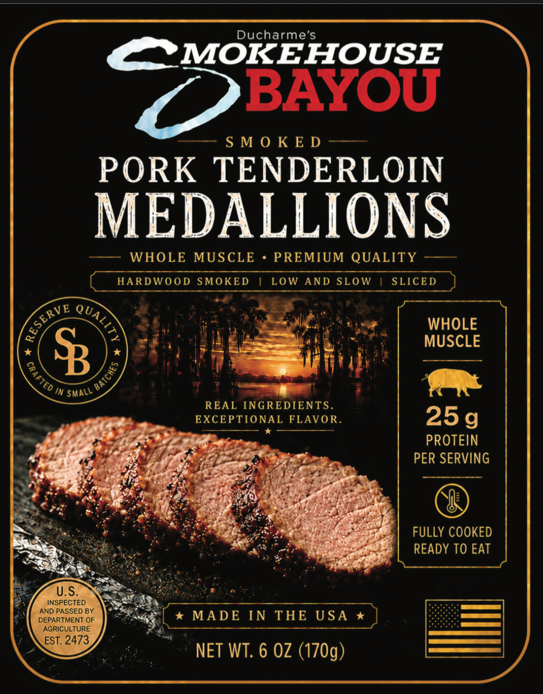 Packaging of Smokehouse Bayou smoked pork tenderloin medallions on a black background.
