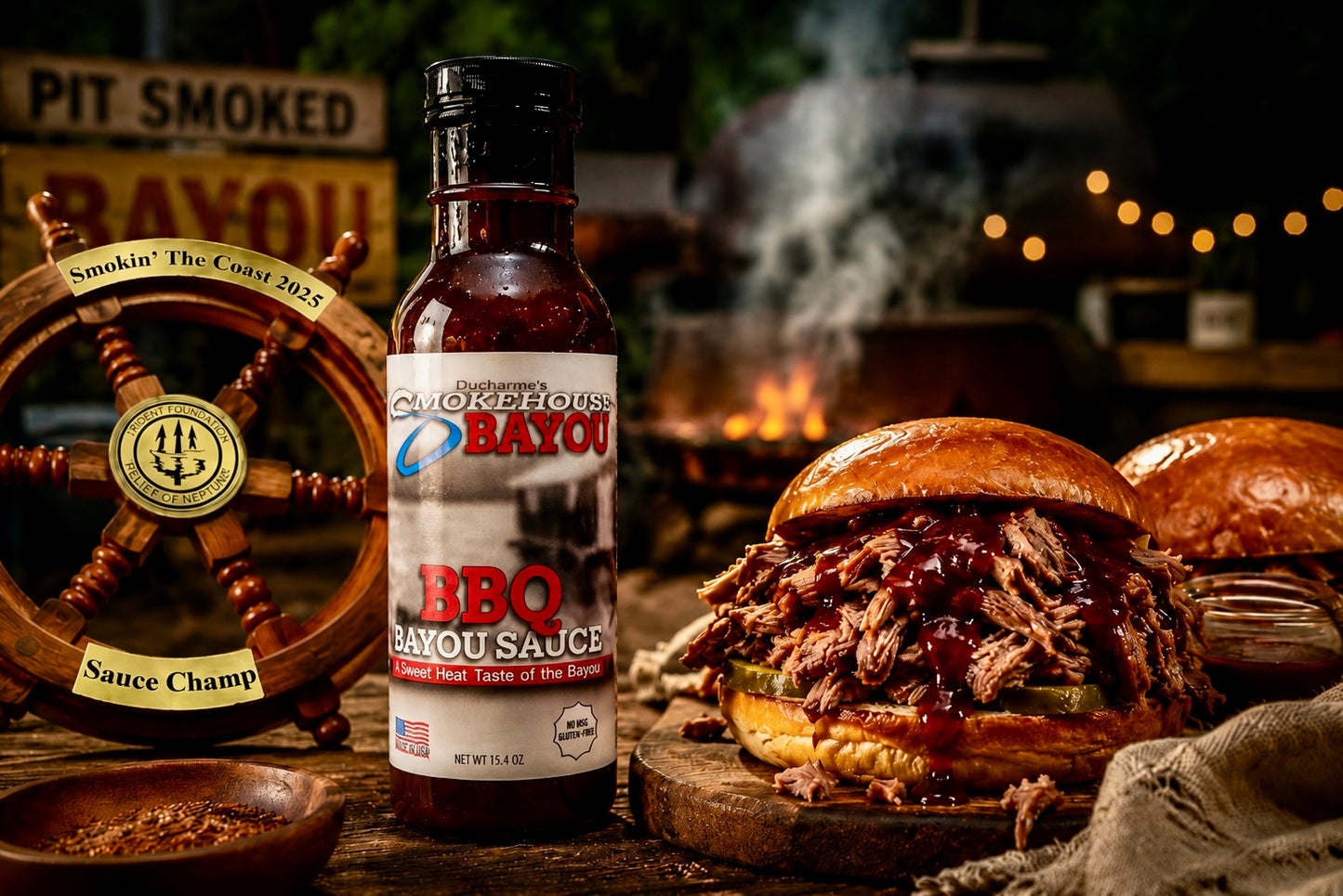 Bottle of Bayou BBQ sauce with a pulled pork sandwich in the background