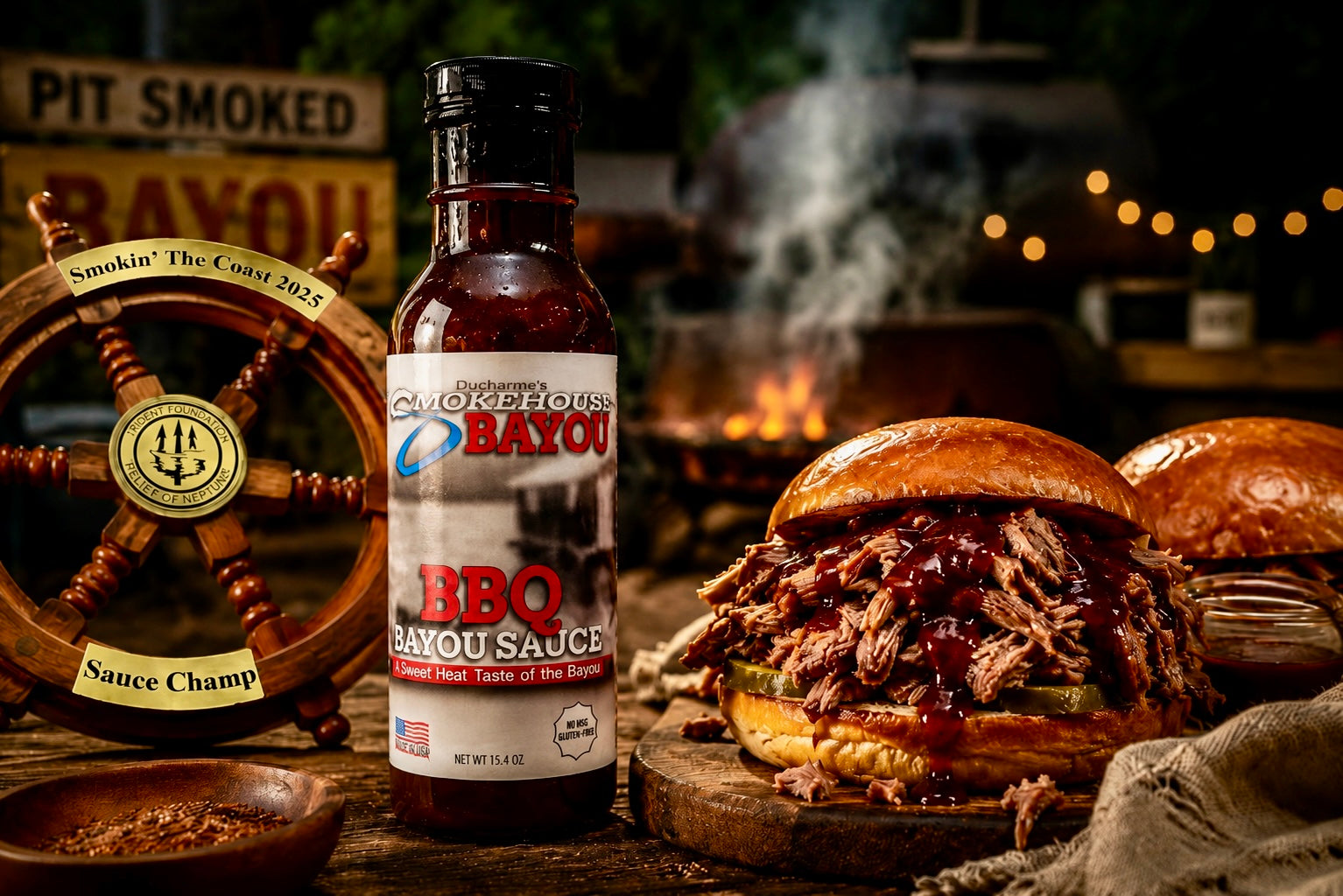 Bottle of Bayou BBQ sauce with a pulled pork sandwich in the background