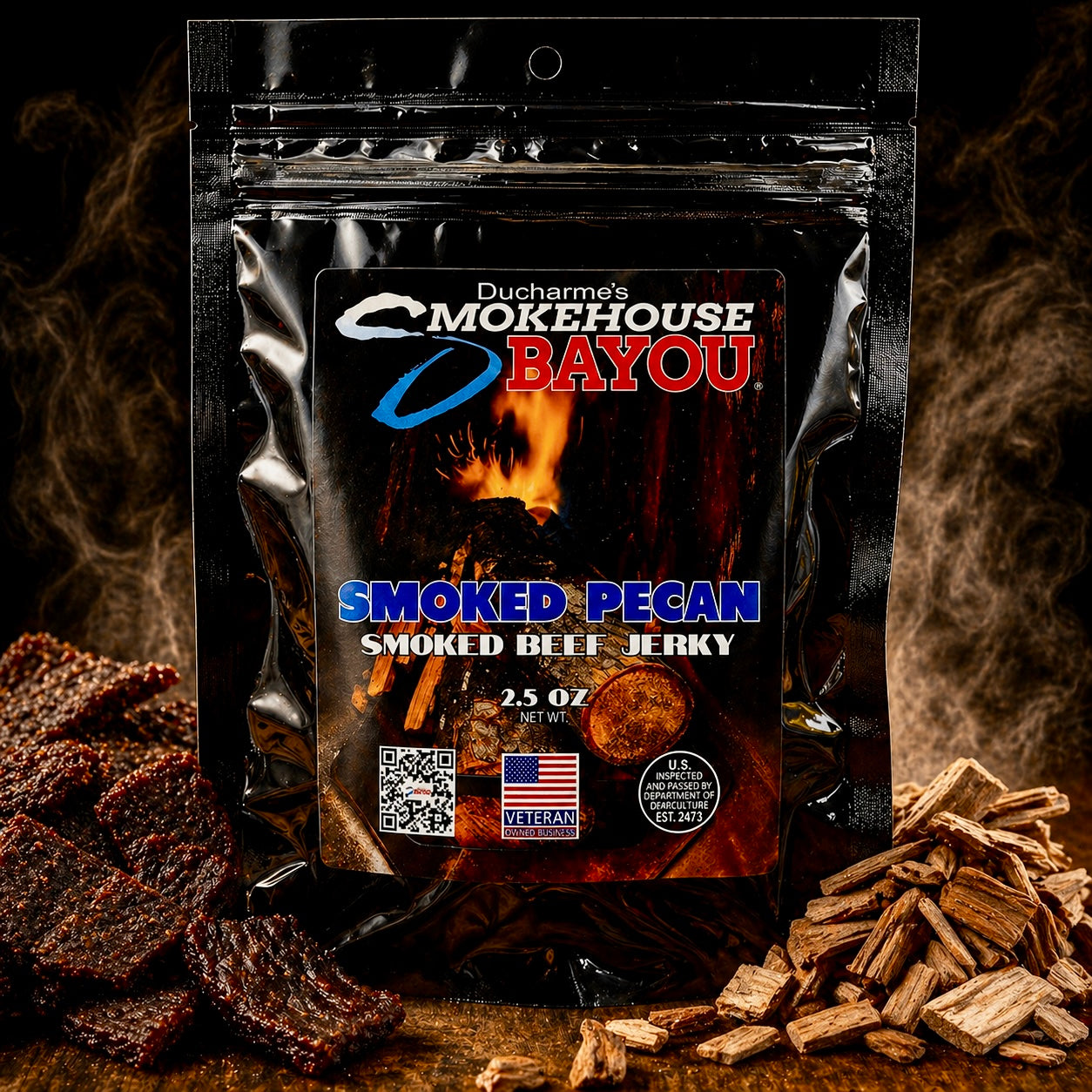 Smokehouse Bayou Smoked Pecan beef jerky package with smoked jerky and pecan wood chips on rustic wood