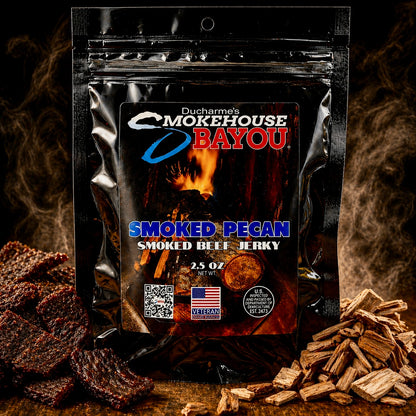 Smokehouse Bayou Smoked Pecan beef jerky package with smoked jerky and pecan wood chips on rustic wood