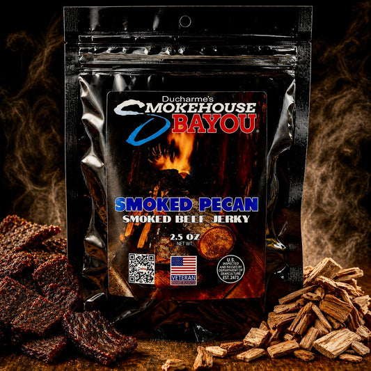 Smokehouse Bayou Smoked Pecan beef jerky package with smoked jerky and pecan wood chips on rustic wood