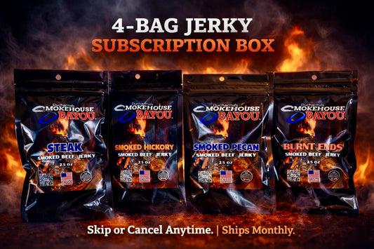 Promotional image showing Smokehouse Bayou 4-bag jerky subscription box with Steak, Smoked Hickory, Smoked Pecan, and Burnt Ends flavors. Monthly subscription, cancel anytime.