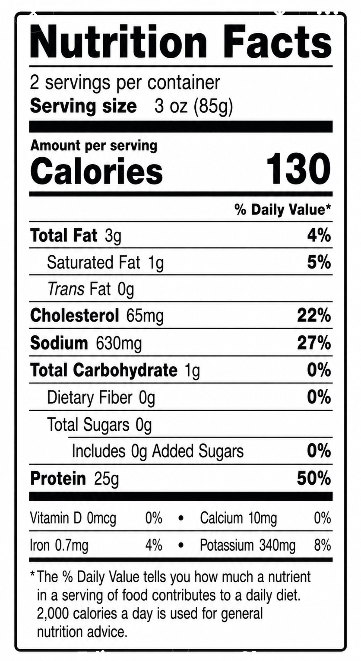 Nutrition facts label for a food product with serving size, calories, and nutritional content details.