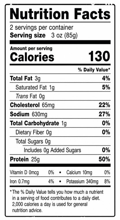 Nutrition facts label for a food product with serving size, calories, and nutritional content details.